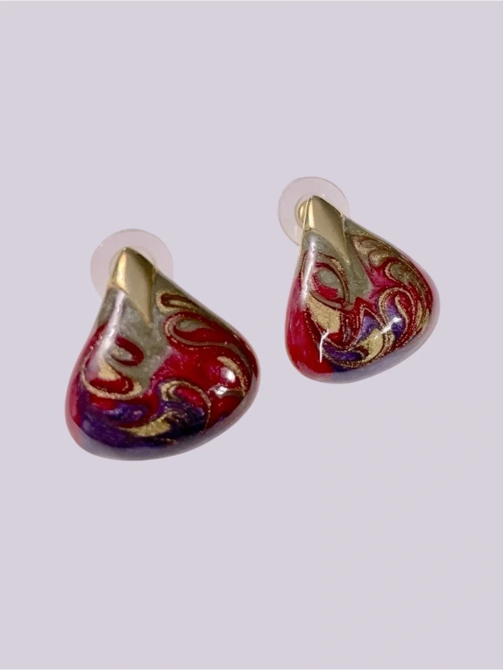 Vtg Made in USA Enamel Teardrop Earrings Red Purple Gold Abstract Swirl Studs